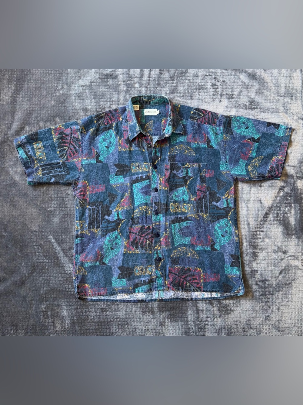 VTG 90s JT Beckett Linen Men’s L Button-Down Shirt Colorful Geometric Dadcore